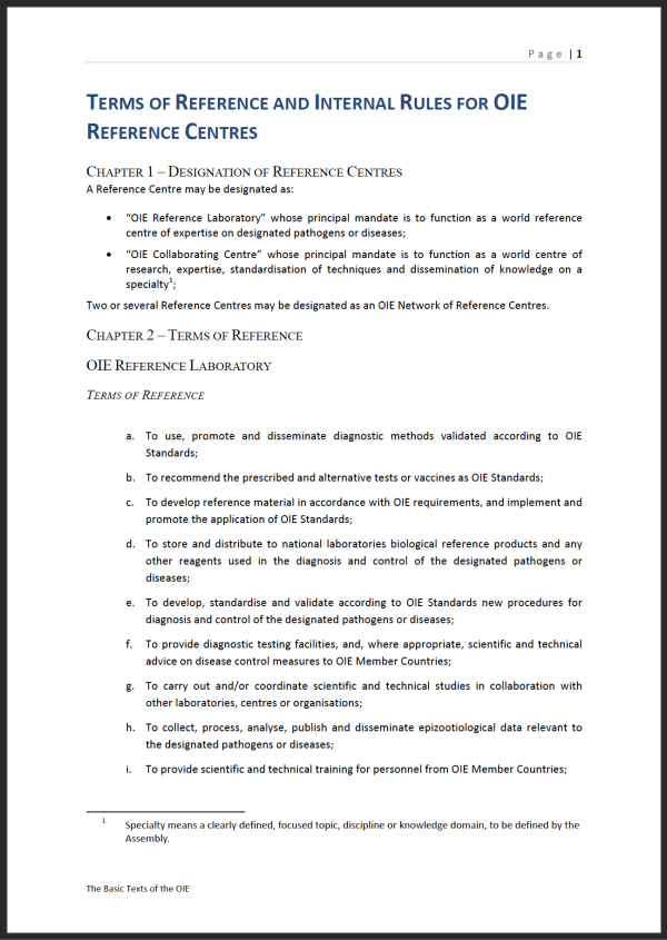 Terms of Reference and Internal Rules for OIE Reference Centres