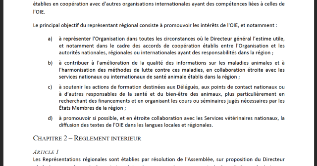 Mandat et règlement des Représentations régionales et sous‐régionales de l'OIE