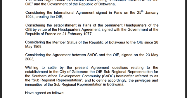 Agreement for the OIE Sub Regional Representation for Southern Africa