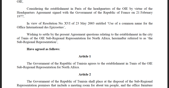 Agreement for the OIE Sub Regional Representation for North Africa