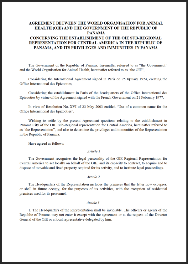 Agreement for the OIE Sub Regional Representation for Central America