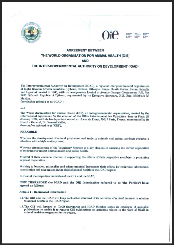 Agreement with the Inter Governmental Authority on Development (IGAD)