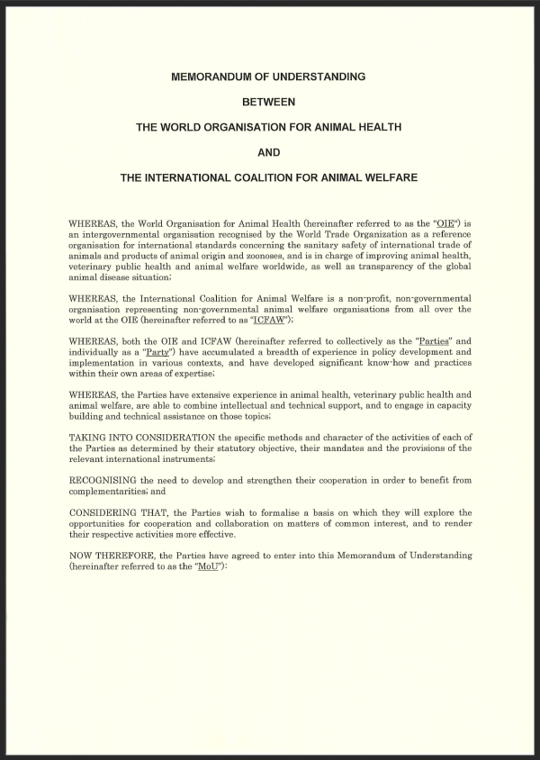 Memorandum of Understanding between the International Coalition for Animal Welfare (ICFAW) and the OIE